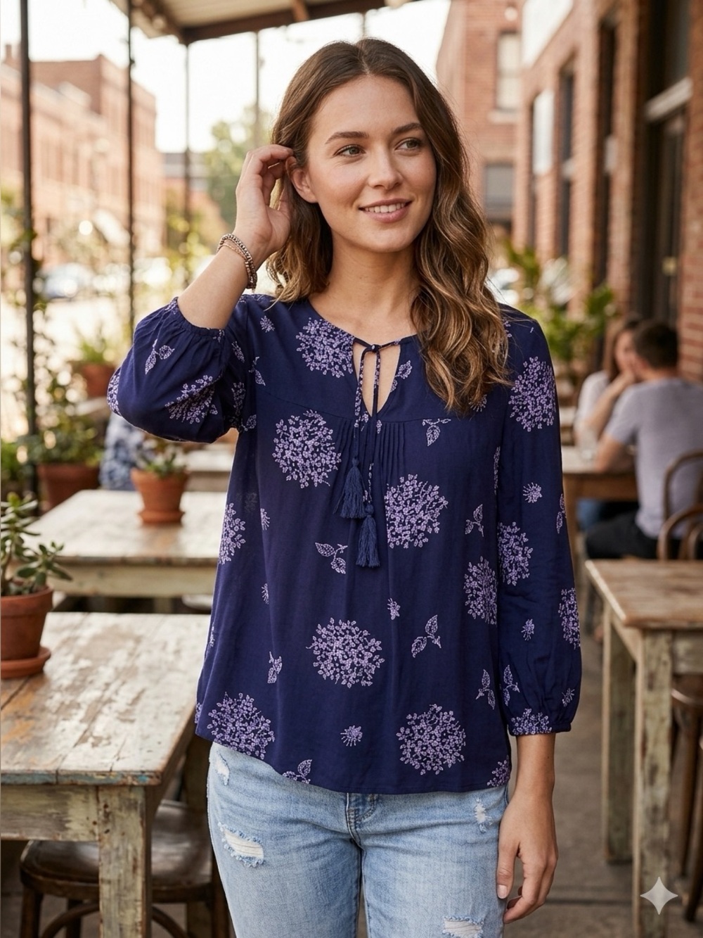 Skies Are Blue Padenia Tassel Split Neck Top